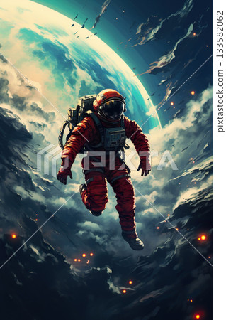 astronaut in space suit and helmet flying on orbit of far planet, cosmonaut orbiting Earth in cosmos, astronomy concept 133582062