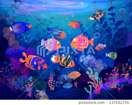 underwater world with corals and tropical fish 133582250