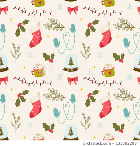 Christmas seamless pattern. Xmas festive background with snow globe, mittens, garland, holly, branches, coffee cup Christmas seamless pattern. Xmas festive background with snow globe, mittens, garland, holly, branches, coffee cup 133582298