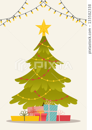Christmas Tree with Decorations and Gift Boxes. Merry Christmas and Happy New Year Christmas Tree with Decorations and Gift Boxes. Merry Christmas and Happy New Year 133582338