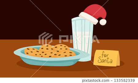 Cookies and milk for Santa Claus. Treats for Santa: glass of milk with Christmas hat, plate with chocolate biscuits and note card on table Cookies and milk for Santa Claus. Treats for Santa: glass of milk with Christmas hat, plate with chocolate biscuits and note card on table 133582339