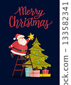 Cute Santa Claus Decorating Christmas Tree. Cozy Scene with Santa Claus Stands on Ladder and Puts Star on Decorated Christmas Tree with Gifts under It 133582341