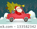 Santa Claus in red car carries Christmas tree at night. Xmas design. Winter vector illustration 133582342