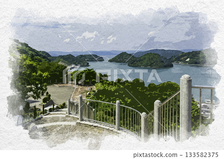 Watercolor painting of the Akinada Tobishima Kaido, Osaki Shimojima, Mitarai, Historical Hill Park, Kure City, Hiroshima Prefecture 133582375