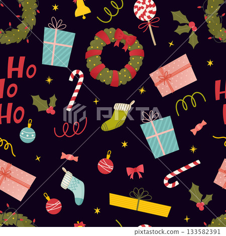 Christmas seamless pattern. Xmas festive background with wreaths, gift boxes, socks, ho-ho-ho, holly, bell, candies, balls Christmas seamless pattern. Xmas festive background with wreaths, gift boxes, socks, ho-ho-ho, holly, bell, candies, balls 133582391