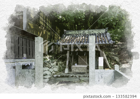 Watercolor painting style, Akinada Tobishima Kaido, Osaki Shimojima, Mitarai, Tenmangu Shrine, Sugawara no Michizane's Well, Kure City, Hiroshima Prefecture 133582394