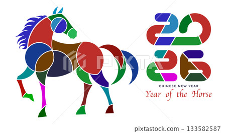 2026 Chinese New Year in white background. Year of the Horse. Vector modern art colorful geometric numbers design for cover, card, poster, banner, logo zodiac sign template 2026 Chinese New Year in white background. Year of the Horse. Vector modern art colorful geometric numbers design for cover, card, poster, banner, logo zodiac sign template 133582587