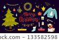 Set of cute cartoon Christmas and New Year elements with Christmas tree, garlands, wreath, holly, mistletoe, candles, stocking, dog, sweater, star, gifts, candy cane, bell, lights, balls 133582598