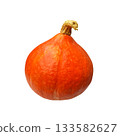 Bright orange pumpkin fresh whole tasty ripe vegetable seasonal image for autumn holiday Thanksgiving and Halloween design, healthy vitamin organic diet, isolated, clipping path, soft selective focus 133582627