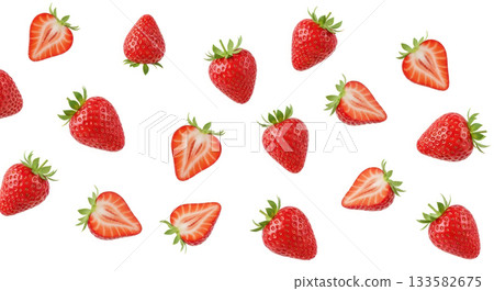Flying strawberries of various sizes arranged dynamically, showcasing vibrant colors and fresh textures for visual appeal. Isolated on white background. 133582675