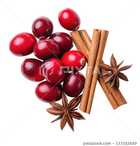 Fresh red cranberries arranged with cinnamon sticks and star anise, creating a vibrant and aromatic composition for culinary inspiration. Isolated on transparent background. 133582689