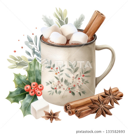 Watercolor illustration of hot chocolate with marshmallows and surrounded by holiday spices and greenery, perfect for winter celebrations. Isolated on transparent background. 133582693