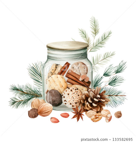 Watercolor illustration of a glass jar filled with assorted cookies and spices, surrounded by pine branches and natural elements for a cozy atmosphere. Isolated on transparent background. Watercolor illustration of a glass jar filled with assorted cookies and spices, surrounded by pine branches and natural elements for a cozy atmosphere. Isolated on transparent background. 133582695