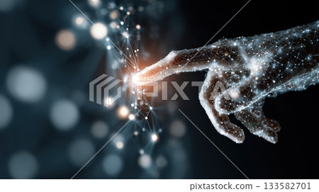 Futuristic Digital Hand Touching a Network of Glowing Connections 133582701