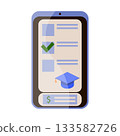 E-learning, online courses, distance learning programs at universities and schools. Phone with an information window. Flat illustration. 133582726