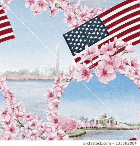 Cherry Blossom Festival in Washington DC. Jefferson Memorial during sakura.Lake with pink trees in the background. Seamless pattern with spring blossoms. Watercolor illustration. Hand-drawn. Cherry Blossom Festival in Washington DC. Jefferson Memorial during sakura.Lake with pink trees in the background. Seamless pattern with spring blossoms. Watercolor illustration. Hand-drawn. 133582804