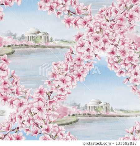 Cherry Blossom Festival in Washington DC. Jefferson Memorial during sakura. Seamless pattern with spring blossoms. Rose petals and a memorial. Watercolor illustration. Hand-drawn. Cherry Blossom Festival in Washington DC. Jefferson Memorial during sakura. Seamless pattern with spring blossoms. Rose petals and a memorial. Watercolor illustration. Hand-drawn. 133582815