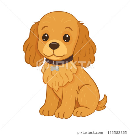 Cute cocker spaniel puppy sitting with collar and tag. Flat style vector illustration. 133582865