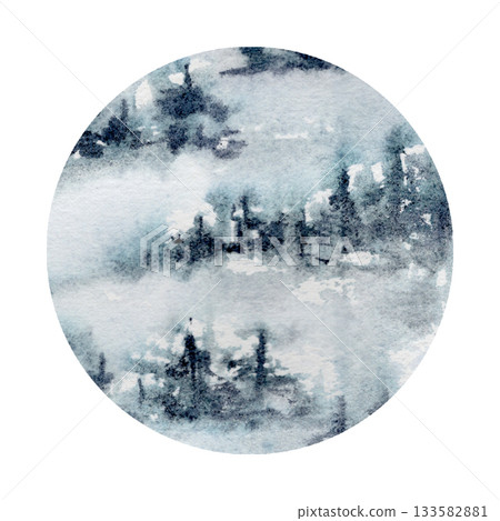 Watercolor landscape forest mountain minimalist artwork in circle. Abstract hand drawn illustration art for decoration, background, greeting card. Foggy spruce woodland round frame. 133582881