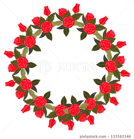 A wreath of lush, lovely, bright red roses for your design. 133583146