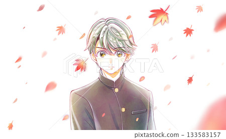 Male student in school uniform, motivation, autumn leaves 133583157