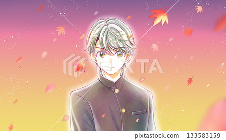 Male student in school uniform, motivation, autumn leaves, dusk Male student in school uniform, motivation, autumn leaves, dusk 133583159
