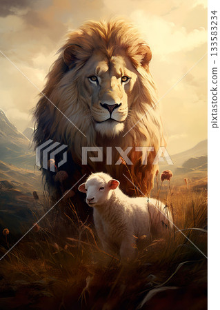 lion and lamb lying together, bible and christianity symbol of peace and paradise 133583234