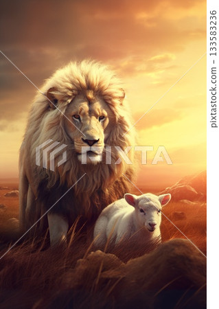 lion and lamb lying together, bible and christianity symbol of peace and paradise 133583236