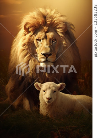 lion and lamb lying together, bible and christianity symbol of peace and paradise 133583238