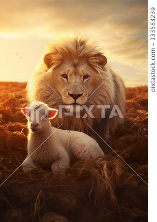 lion and lamb lying together, bible and christianity symbol of peace and paradise 133583239