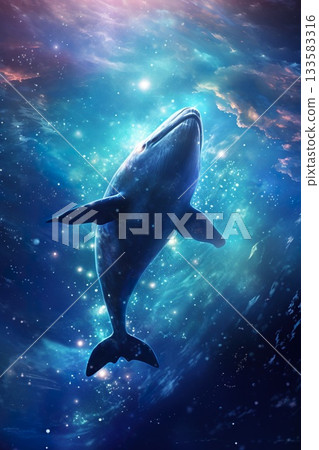 colorful illustration of fantastic whale swimming in outer space with stars and nebulas, fantasy mammal in cosmos colorful illustration of fantastic whale swimming in outer space with stars and nebulas, fantasy mammal in cosmos 133583316