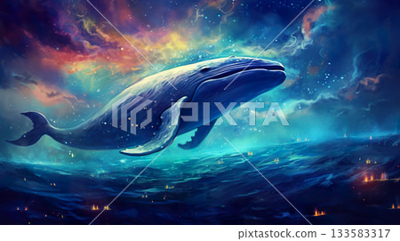 colorful illustration of fantastic whale swimming in outer space with stars and nebulas, fantasy mammal in cosmos colorful illustration of fantastic whale swimming in outer space with stars and nebulas, fantasy mammal in cosmos 133583317
