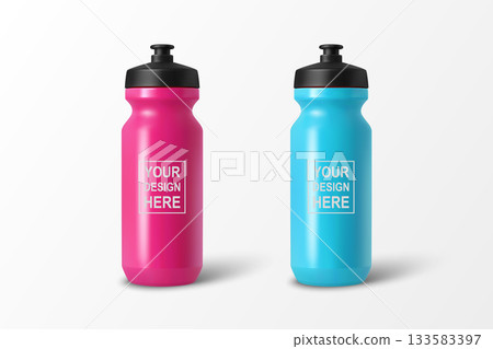 Vector 3d Realistic Sports Water Bottle Set, Isolated. Blank Plastic Cycling Water Bottle with Black Cap. Water Bottle Template. Vector Sport Bottle for Fitness, Gym, Branding, Packaging Design 133583397