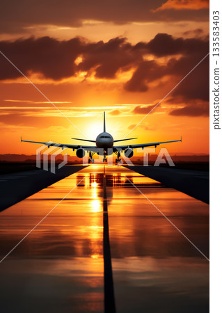airplane landing or take off on airport runway at sunset, plane flight at orange sky background at sunrise 133583403