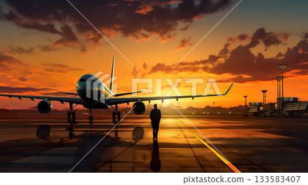 airplane landing or take off on airport runway at sunset, plane flight at orange sky background at sunrise 133583407