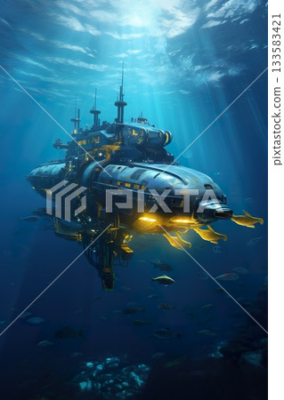old fashioned retro submarine underwater, vintage or steampunk style sub marine in deep blue sea or ocean water 133583421