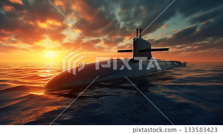modern military submarine at open sea or ocean, army nautical vessel over water at sunset 133583423