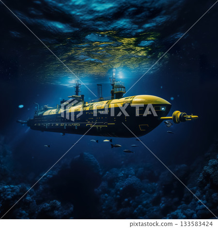 old fashioned retro submarine underwater, vintage or steampunk style sub marine in deep blue sea or ocean water 133583424