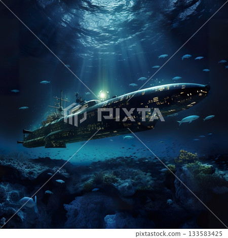 old fashioned retro submarine underwater, vintage or steampunk style sub marine in deep blue sea or ocean water 133583425