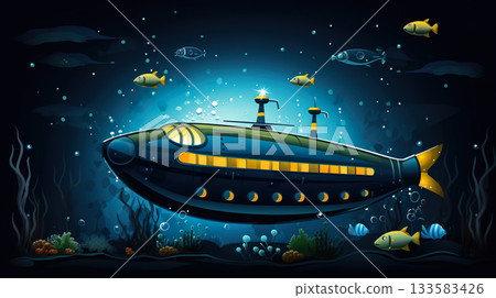 old fashioned retro submarine underwater, vintage or steampunk style sub marine in deep blue sea or ocean water 133583426