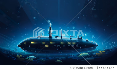 old fashioned retro submarine underwater, vintage or steampunk style sub marine in deep blue sea or ocean water 133583427