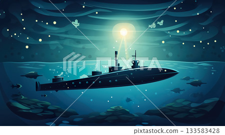 old fashioned retro submarine underwater, vintage or steampunk style sub marine in deep blue sea or ocean water old fashioned retro submarine underwater, vintage or steampunk style sub marine in deep blue sea or ocean water 133583428
