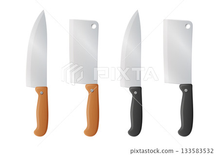 Vector 3d Chef Knife Icon Set, Top View. Stainless Steel Kitchen Knife, Isolated. Kitchen Knife with Black and Wooden Handle. Chef Knife Clipart, Design Template 133583532