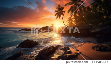 beautiful tropical beach with palm trees and blue water at sunset, idyllic vacation destination, exotic paradise coast 133583614