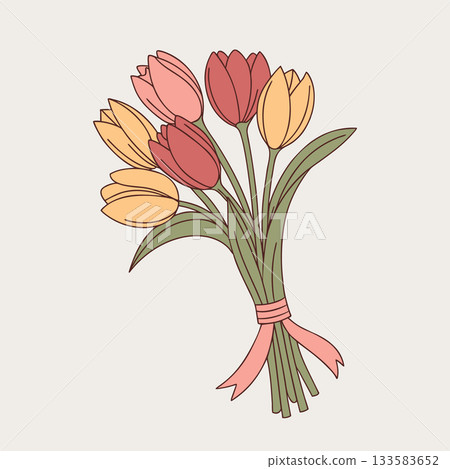 Hand drawn tulip bouquet with pink ribbon. Floral gift bouquet. Illustration. Hand drawn tulip bouquet with pink ribbon. Floral gift bouquet. Illustration. 133583652