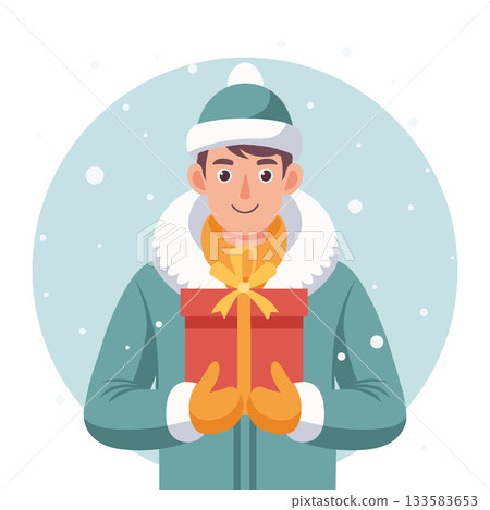 Happy man in a winter clothes holding a Christmas gift. Holiday illustration. Happy man in a winter clothes holding a Christmas gift. Holiday illustration. 133583653