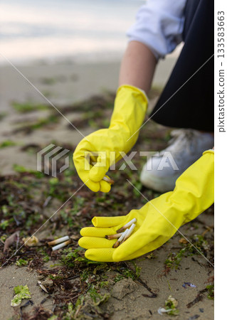 Close-up of a volunteer wearing yellow gloves collecting cigarette butts on a polluted beach. Environmental cleanup, ecology protection, shoreline waste and anti-litter awareness. 133583663