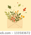 Autumn Envelope with Leaves, Branches and Berries in Warm Cozy Style 133583672