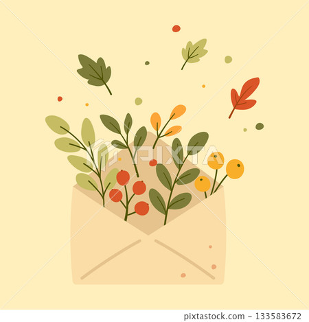 Autumn Envelope with Leaves, Branches and Berries in Warm Cozy Style Autumn Envelope with Leaves, Branches and Berries in Warm Cozy Style 133583672