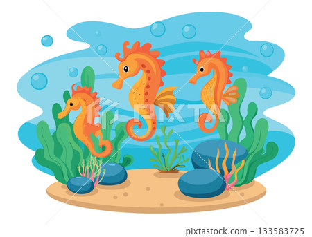 Three seahorses swimming gracefully in the ocean depths Three seahorses swimming gracefully in the ocean depths 133583725